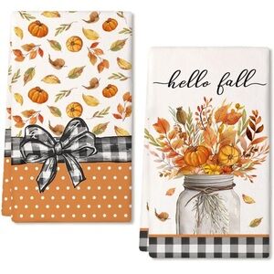 Set of 2 Hello Pumpkin Fall Kitchen Towels , 18x26 Inch Seasonal Hand To…